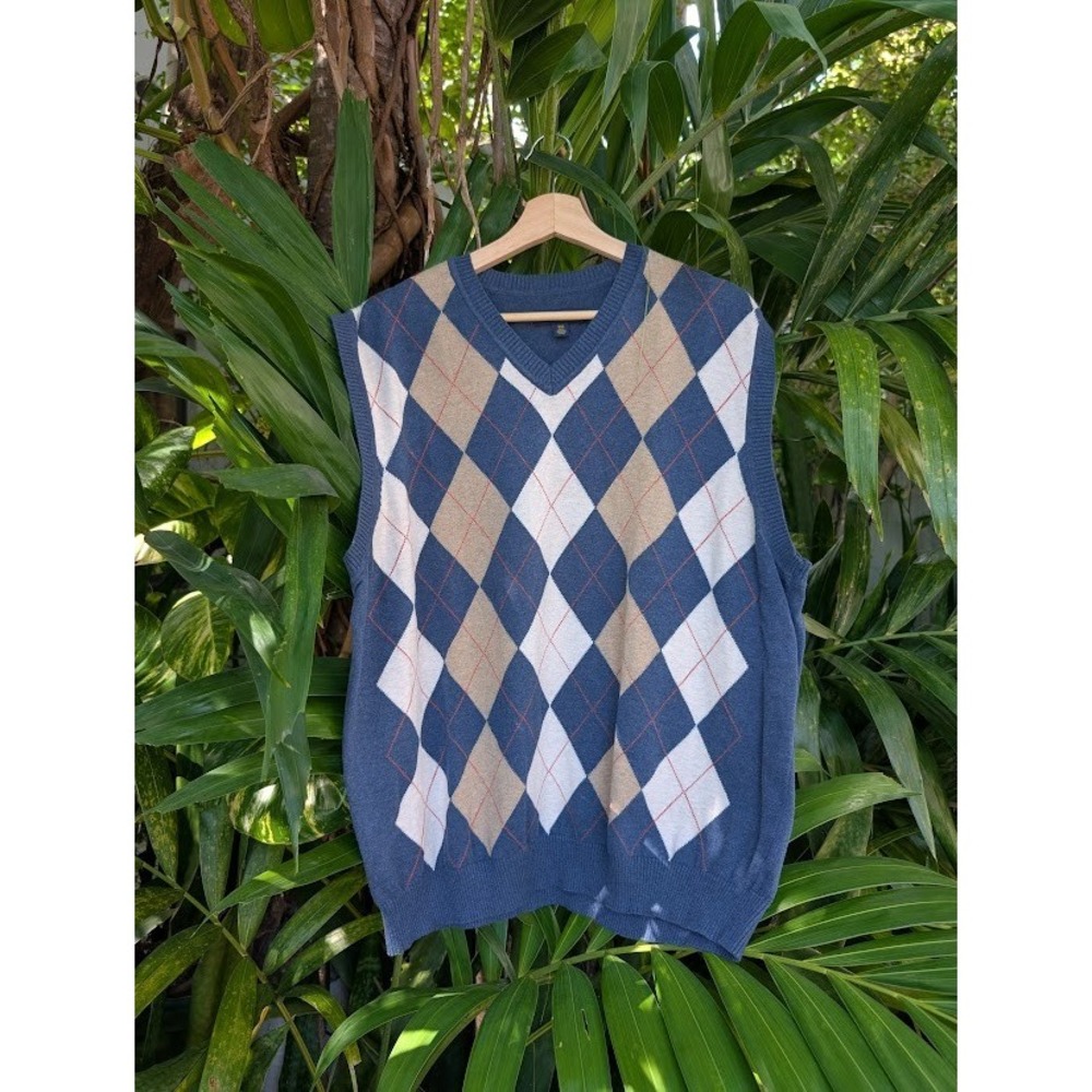 Men's Sweater vest XXL Blue Argyle diamond 100% Cotton Knit Club Room preppy v